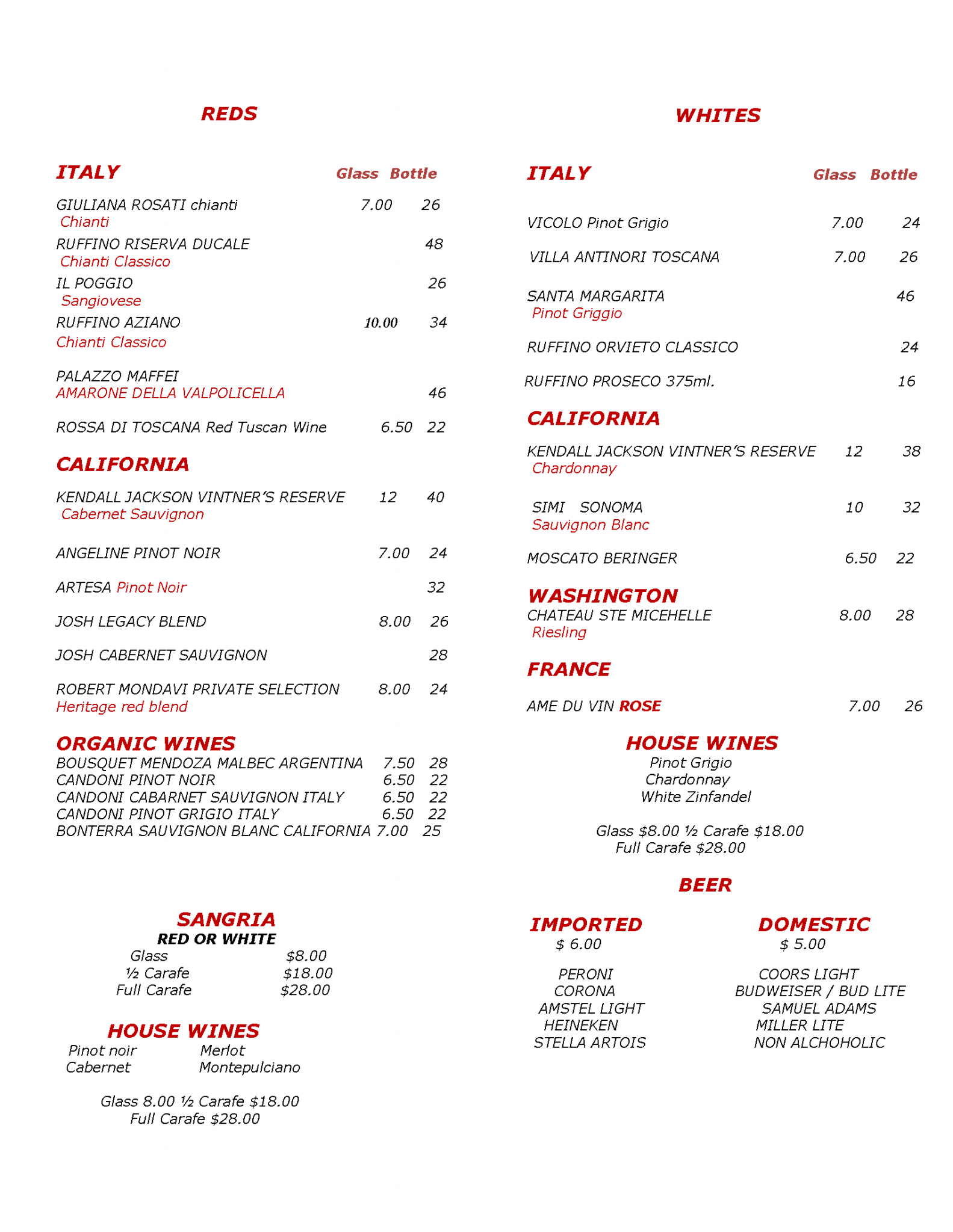 WINE LIST Monicas Restaurant